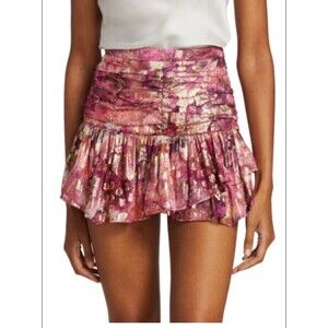 LoveShackFancy Pink and Gold Metallic Ruffled Mini Skirt
